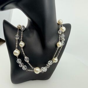 LBVYR Yves Rocher Faux Pearl Crystal Rose Bead long Necklace Silver Tone Vintage